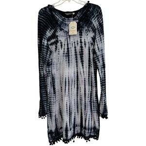 Anandas‎ Collection Women Black White Tie Dye Pom Pom Trim Cotton Tunic Dress L